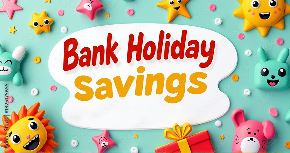 Fototapeta premium A vibrant and playful design promoting bank holiday savings, featuring colorful animated characters and cheerful elements.