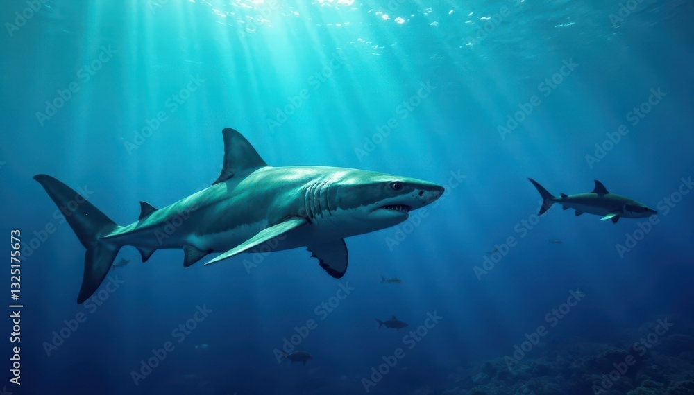 Fototapeta premium Great white shark hunting small fish in blue ocean, gill, apex predator