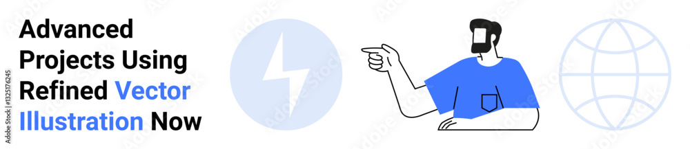 Man in blue shirt pointing to a lightning bolt icon and globe graphic. Ideal for teamwork, innovation, creativity, global strategy, digital marketing, education, technology, flat landing page banner Man in blue shirt pointing to a lightning bolt icon and globe graphic. Ideal for teamwork, innovation, creativity, global strategy, digital marketing, education, technology, flat landing page banner