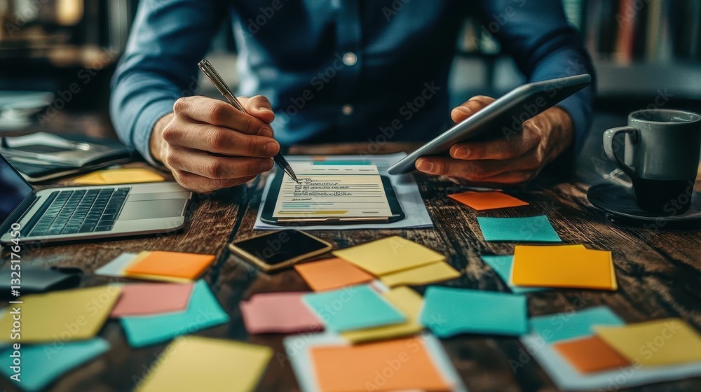 A busy professional juggling tasks with a to-do list and multiple devices, Task Management, Busy and organized A busy professional juggling tasks with a to-do list and multiple devices, Task Management, Busy and organized