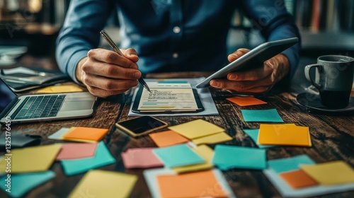 A busy professional juggling tasks with a to-do list and multiple devices, Task Management, Busy and organized