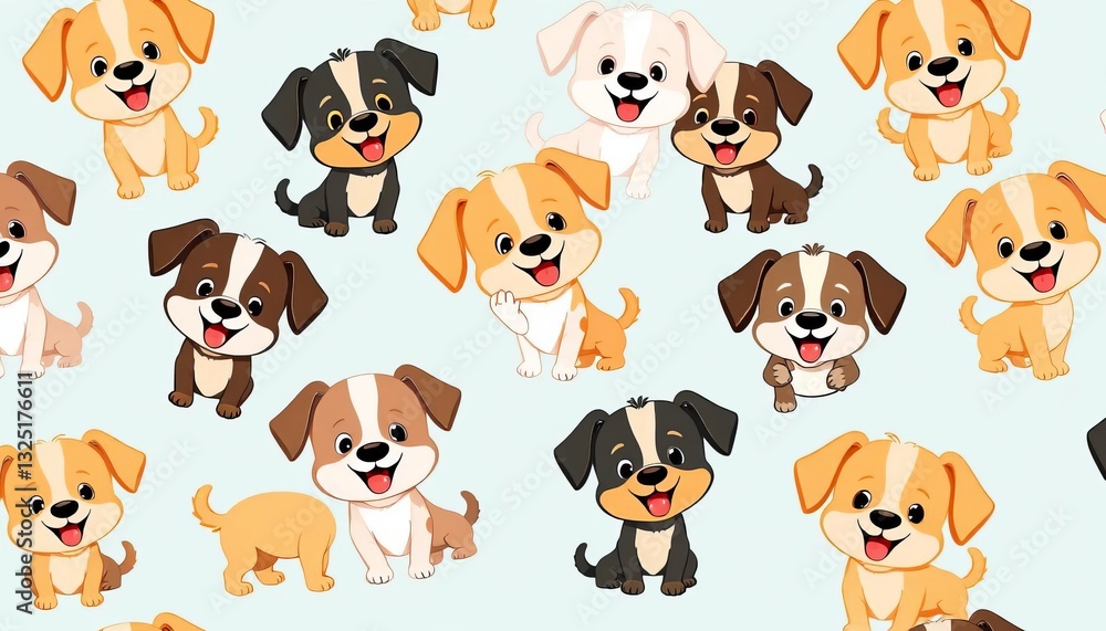 Obraz premium Adorable cartoon dogs in playful poses, forming a repeating seamless pattern, wallpaper, puppies