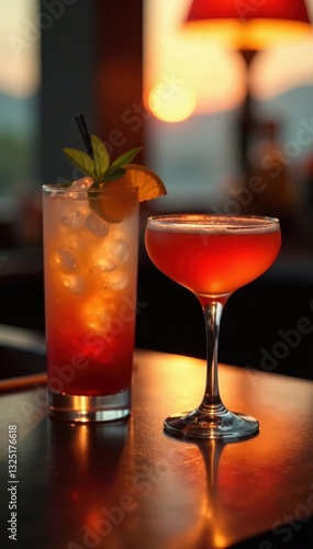 Golden hour cocktails, gourmet bites, vibrant bar, appetizers, atmosphere, shadow