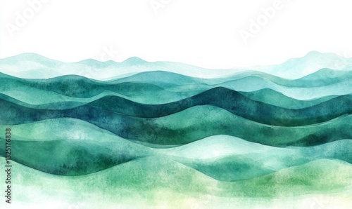 Watercolor waves with shades of green and blue reminiscent of nature, calming texture, watercolor painting, serene landscape, gentle ripples, organic design