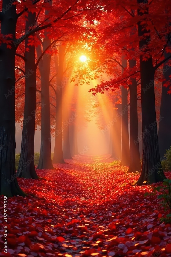 Fototapeta premium Golden hour sunlight streams through red-leaf-covered path , clear, october, environment
