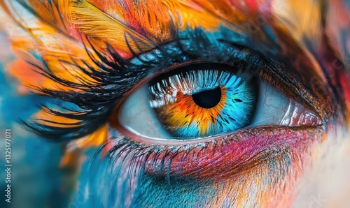 Close-up of an artistically painted bird's eye in vibrant colors, intricate feather textures adding depth, bright light creating contrast, evoking exotic beauty,