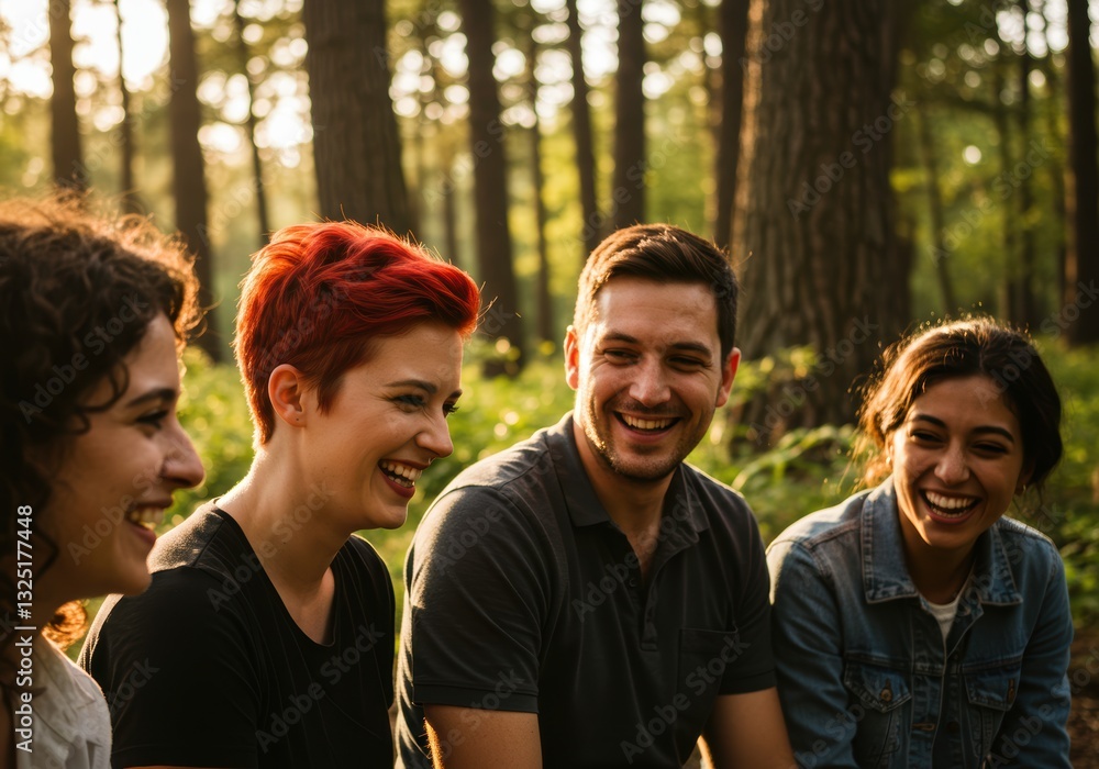 Fototapeta premium Friends enjoying a lively conversation in sunlit forest setting