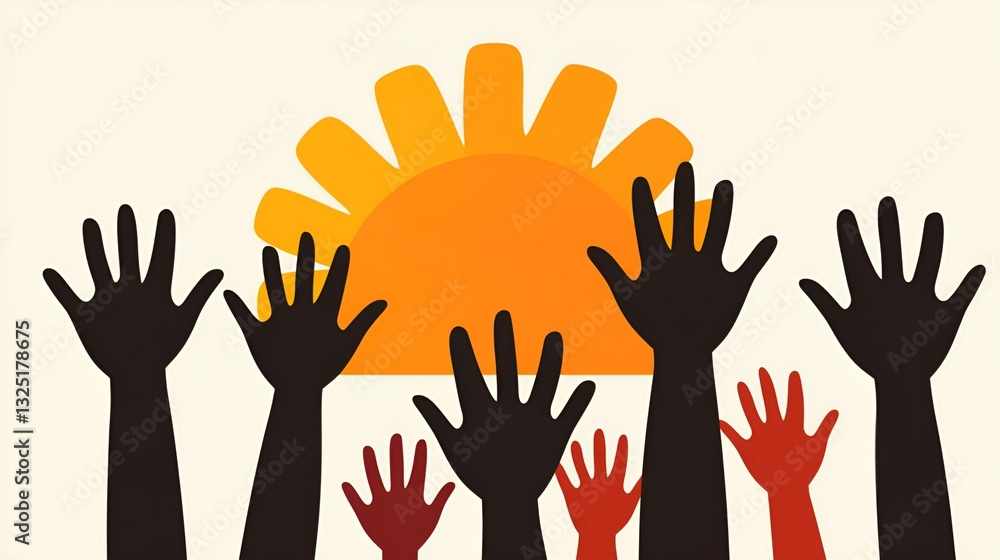 Summer concert vibes concept Raising hands against a sunrise backdrop, symbolizing hope and unity. Summer concert vibes concept Raising hands against a sunrise backdrop, symbolizing hope and unity.