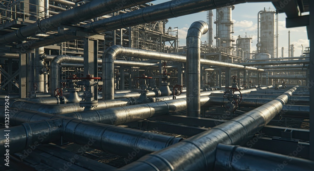 Industrial complex with extensive network of metal pipes and valves under clear sky Industrial complex with extensive network of metal pipes and valves under clear sky
