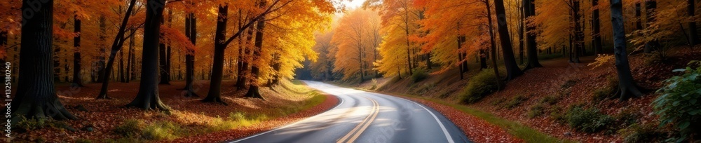 Obraz premium High-res autumn road winding through vibrant forest canopy , crisp, journey, woods