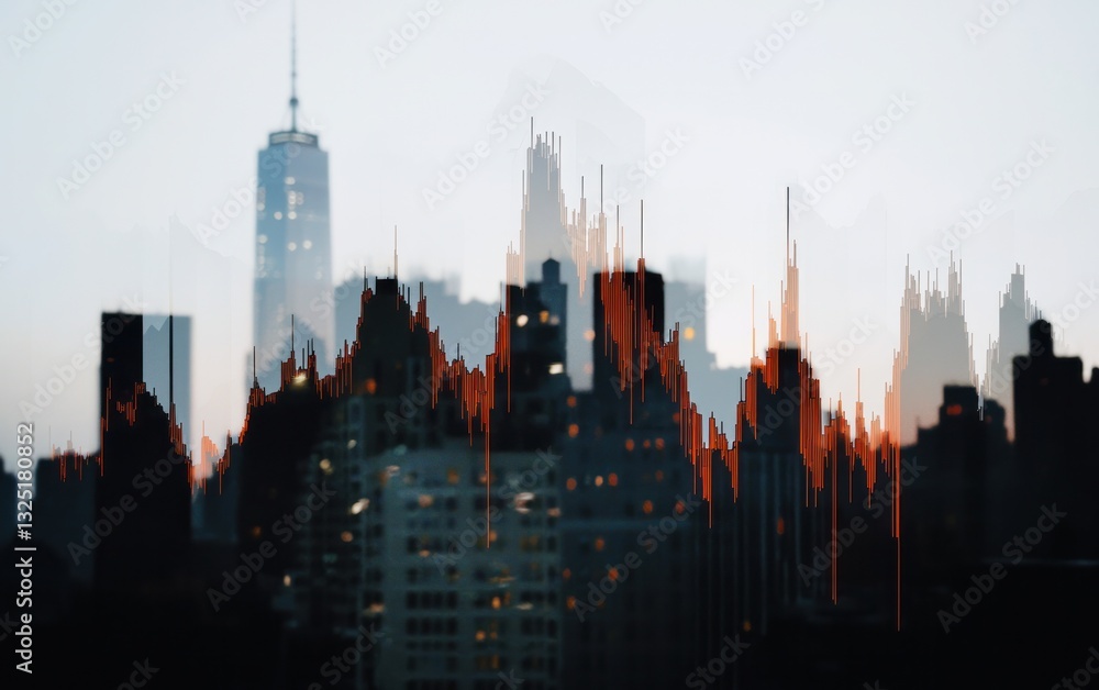 Naklejka premium City skyline at sunrise or sunset, with warm orange and cool blue tones, blurred for a dreamy effect. Buildings are dark silhouettes against the light