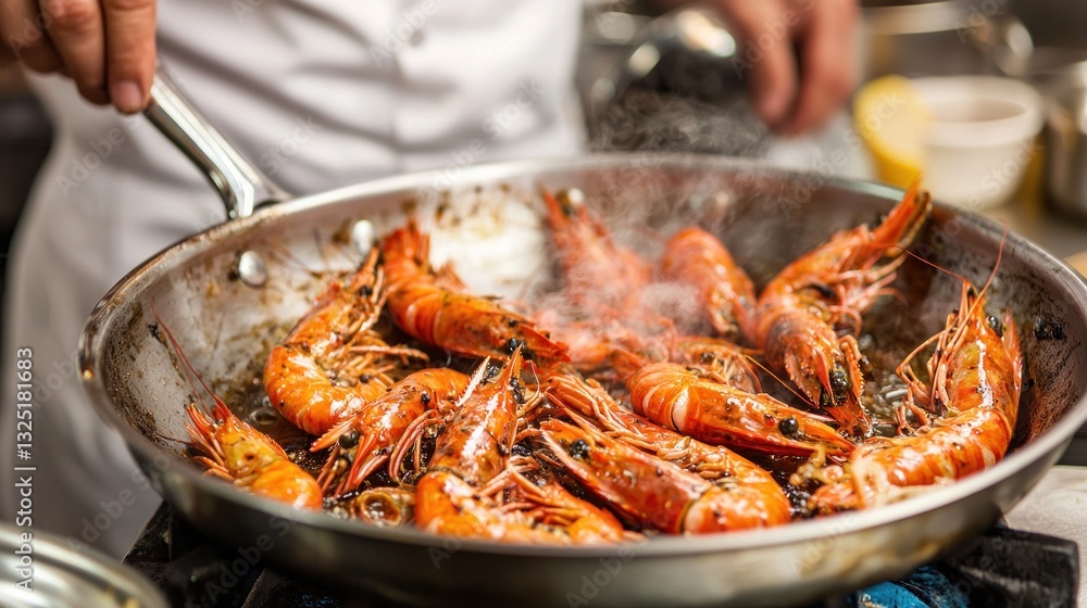 Chef cooking succulent prawns in a pan. (1) Chef cooking succulent prawns in a pan. (1)