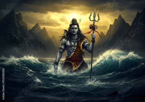 Lord Shiva Emerging from the Ocean: The Divine Mahadev Holding His Trident Amidst Tumultuous Waves and Mystical Mountains
