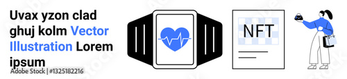 Smartwatch tracking health, NFT artwork on a device, and businesswoman with coffee. Ideal for technology, health, blockchain, work-life balance, productivity, innovation flat landing page banner