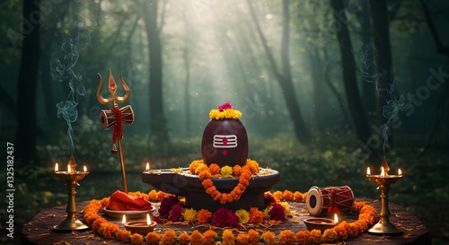 Sacred Shiva Lingam in a Mystical Forest: A Divine Offering of Light, Flowers, and Devotion