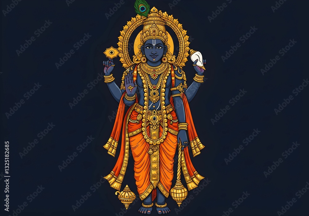 custom made wallpaper toronto digitalDivine Illustration of Lord Vishnu: The Preserver of the Universe Adorned in Gold and Orange Attire, Holding the Conch, Discus, Mace, and Lotus