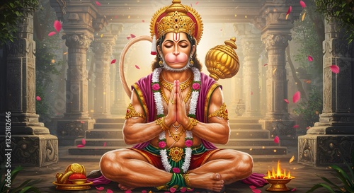 Divine Devotion: A Majestic Depiction of Lord Hanuman in Deep Meditation Amidst an Ancient Temple