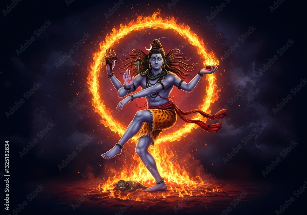 Fototapeta premium Divine Depiction of Lord Shiva as Nataraja: The Cosmic Dance of Destruction and Creation Surrounded by a Ring of Sacred Fire