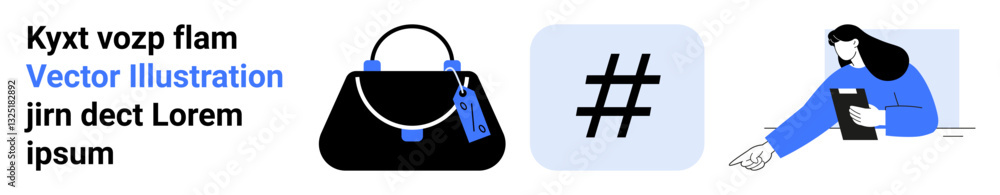 Fototapeta premium Handbag with bright tags, bold metadata tag symbol, woman reading on floor holding book. Ideal for fashion, social media, hashtags, reading promotion, education, lifestyle flat landing page banner
