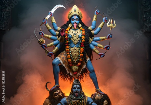 Goddess Kali in Her Fierce Form: A Powerful Depiction of the Divine Warrior Standing Over Lord Shiva