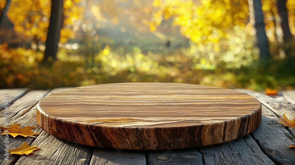Natural wooden podium surrounded by nature autumn forest scenic view peaceful environment Natural wooden podium surrounded by nature autumn forest scenic view peaceful environment