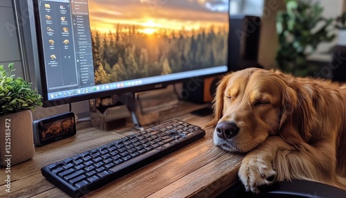 A cozy home office setup with a dog sleeping beside the desk, Work from Home with Pet, Relaxed and productive