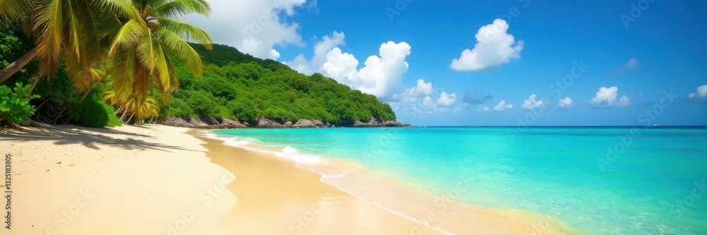 Golden sand, turquoise water, lush island backdrop, nature, idyllic, sunny Golden sand, turquoise water, lush island backdrop, nature, idyllic, sunny