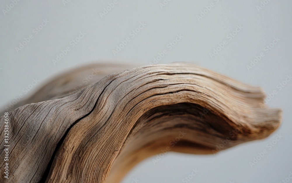 Close-up of a piece of light brown driftwood with a curved shape against a muted gray background. The wood shows texture and grain detail Close-up of a piece of light brown driftwood with a curved shape against a muted gray background. The wood shows texture and grain detail