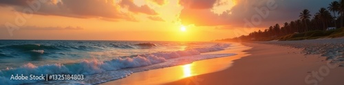 Golden sunset paints sky, waves gently lap sandy beach, serene, coast, view