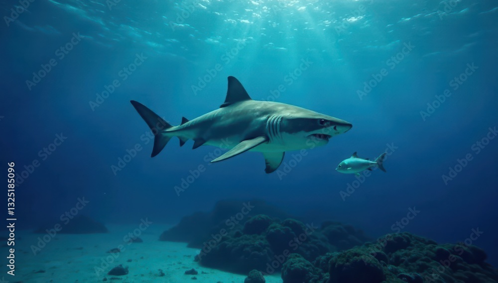 Fototapeta premium Great white shark hunting small fish in blue ocean, tooth, zoology