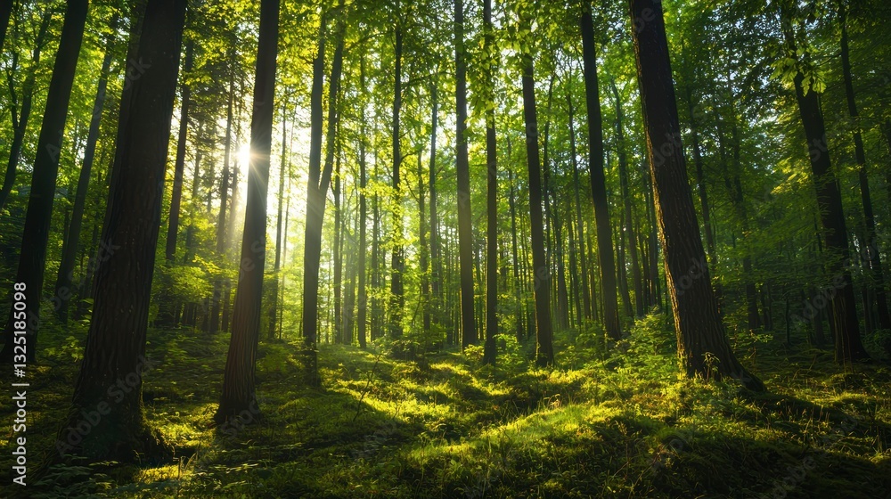 Fototapeta premium Beautiful green forest with tall trees and sunlight filtering through