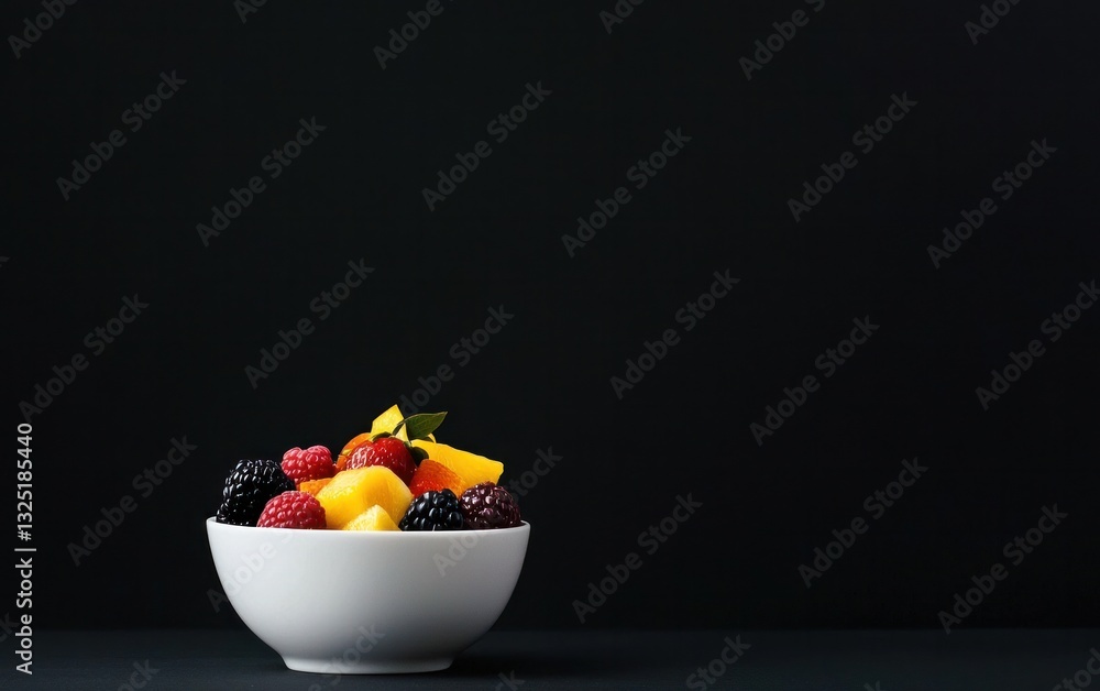 A white bowl filled with a colorful mix of fresh berries and sliced fruit sits on a dark surface against a black background. The vibrant fruits include raspberries, blackberries, strawberries, and A white bowl filled with a colorful mix of fresh berries and sliced fruit sits on a dark surface against a black background. The vibrant fruits include raspberries, blackberries, strawberries, and