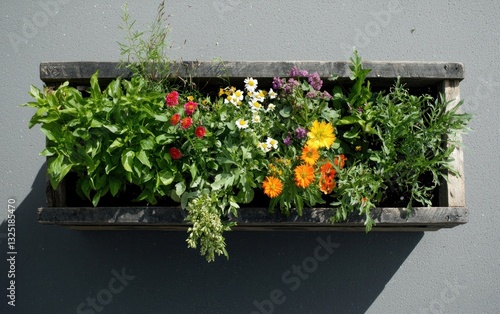 Overhead view of a rustic wooden planter box overflowing with a variety of colorful flowers, including red, orange, yellow, and white blooms, set against a gray asphalt background