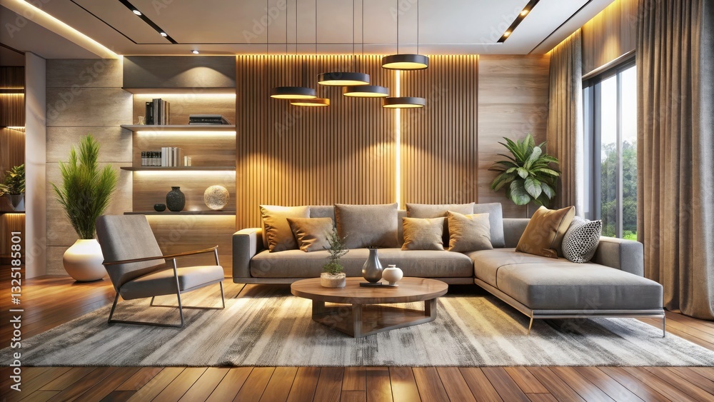 Fototapeta premium Modern Living Room Interior 3D Render with Long Exposure Effect for Stylish Home Design, Contemporary Decor, and Cozy Atmosphere, Perfect for Interior Design Inspiration and Visualization
