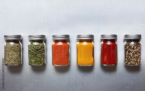 Fototapeta Naklejka Na Ścianę i Meble -  Six glass spice jars with metallic lids arranged in a row on a gray metallic background. Jars contain various colorful spices
