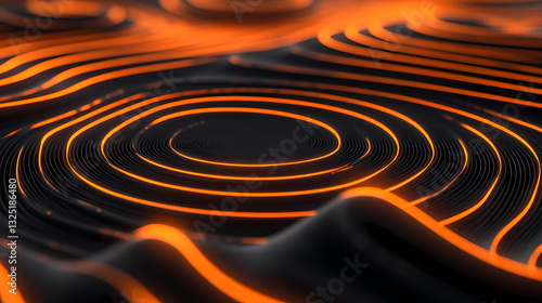 Vibrant abstract sound waves forming concentric circles and lines, creating a dynamic and immersive sonic landscape with glowing orange highlights. Sonic Glow. Illustration