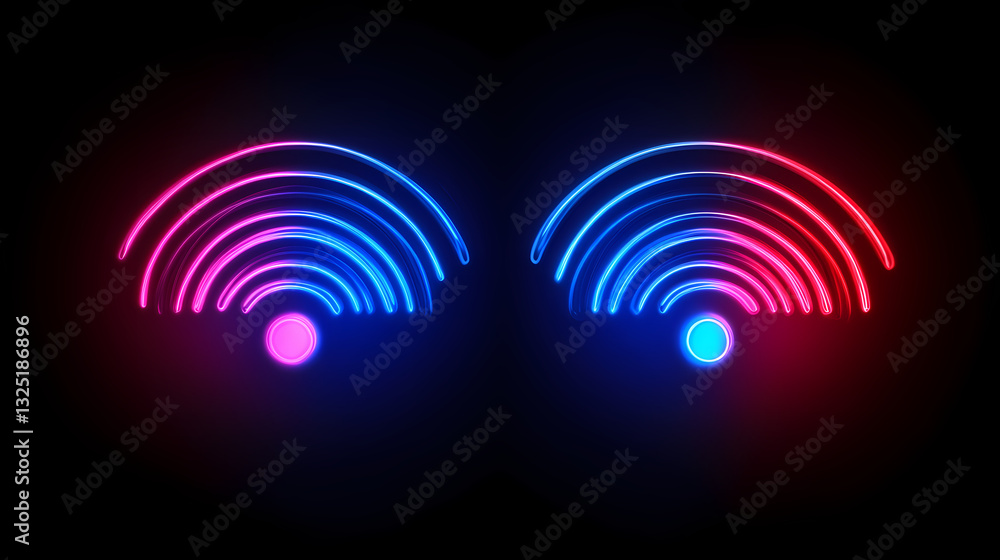 Wifi or scanner light effect, red and blue glowing sonic waves, good or bad signal concept. neon no signal icon. wireless network symbols. Sonic Glow. Illustration Wifi or scanner light effect, red and blue glowing sonic waves, good or bad signal concept. neon no signal icon. wireless network symbols. Sonic Glow. Illustration