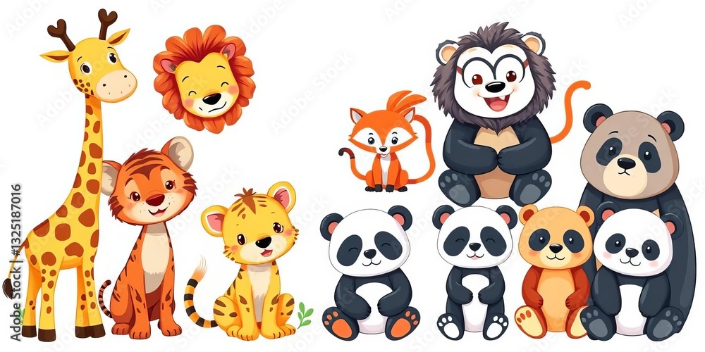 Adorable cartoon giraffes, lions, tigers, monkeys, foxes, pandas, and bears on white, fabric, toddler Adorable cartoon giraffes, lions, tigers, monkeys, foxes, pandas, and bears on white, fabric, toddler