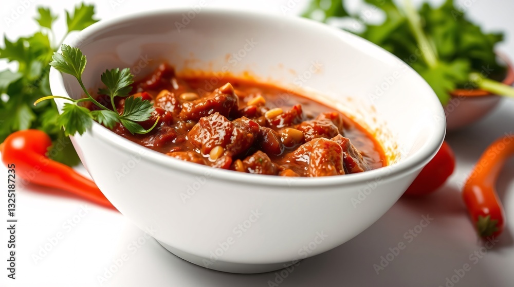 beef chili in white bowl with colorful background, vibrant food photography highlighting rich textures and bold flavors