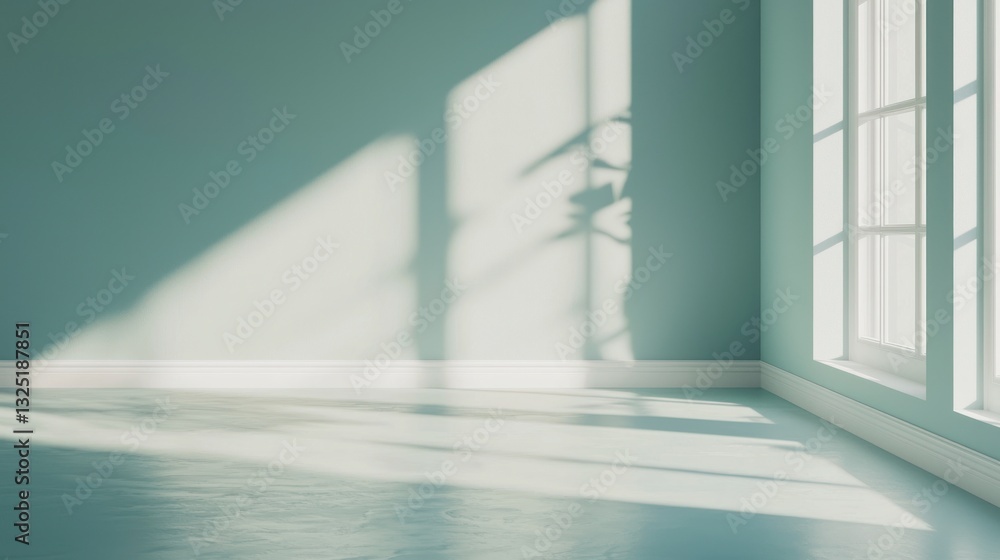 Fototapeta premium Sunlight streams into a minimalist room with pale teal walls and floor.