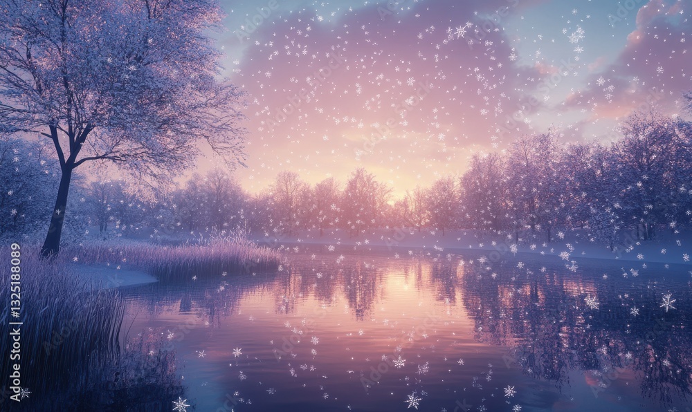 Serene snowy landscape with delicate snowflakes falling gently, soft pink and blue light reflecting on the frosty ground, evoking a calm winter feel, Serene snowy landscape with delicate snowflakes falling gently, soft pink and blue light reflecting on the frosty ground, evoking a calm winter feel,