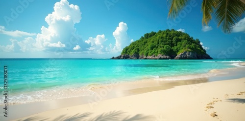 Golden sand, turquoise water, lush island backdrop, beach view, background, beautiful