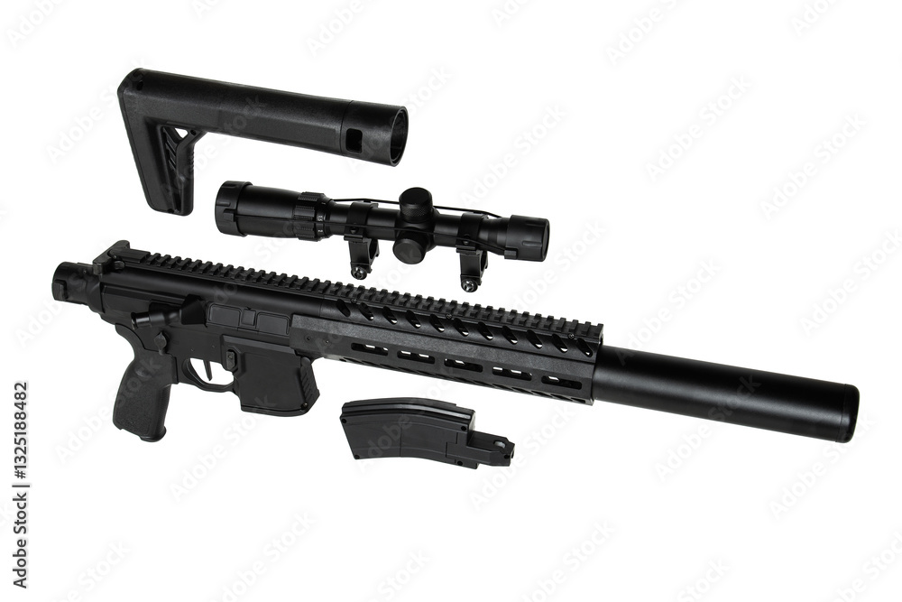 Disassembled air rifle with a scope, stock, and magazine, isolated on a white background. Disassembled air rifle with a scope, stock, and magazine, isolated on a white background.