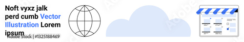 Globe, cloud, and online store icons representing global e-commerce. Ideal for online business, cloud services, global networking, digital marketplace, web development, data storage IT solutions