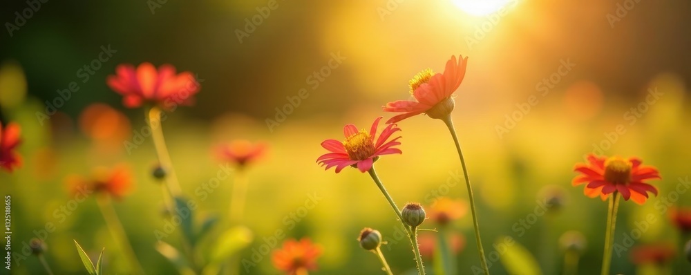 Golden sunlight through wildflowers, blurry background , foliage, field, grass Golden sunlight through wildflowers, blurry background , foliage, field, grass