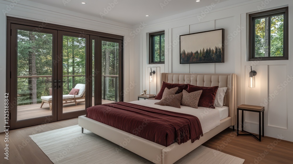 Fototapeta premium A stylish modern bedroom with soft white walls and dark wood paneling, complemented by light wooden floors