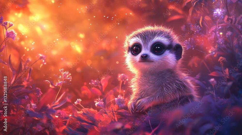A cute meerkat sits among colorful flowers and bright bokeh A cute meerkat sits among colorful flowers and bright bokeh