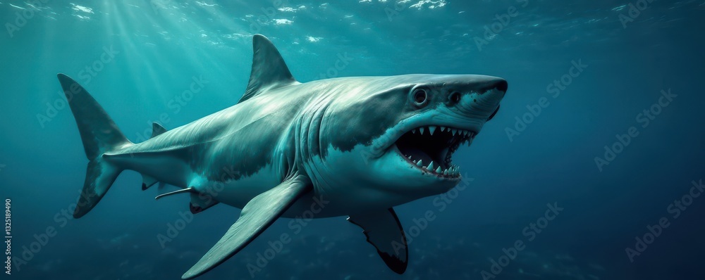 Great white shark's aggressive posture, jaws open, hunting in ocean depths, powerful, wildlife, aggressive Great white shark's aggressive posture, jaws open, hunting in ocean depths, powerful, wildlife, aggressive