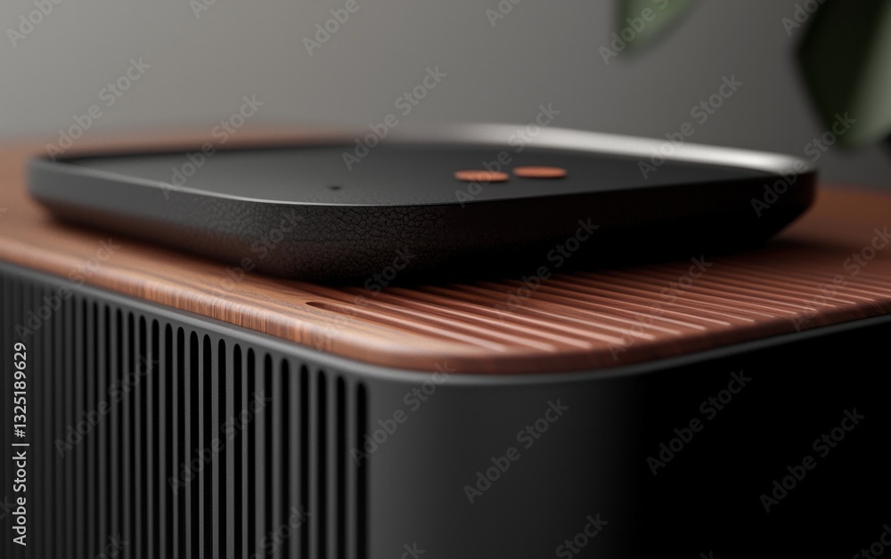 Close-up of a dark gray rectangular device with a textured wooden top and a small, square, dark gray tray on top. The tray has two small, orange-brown dots Close-up of a dark gray rectangular device with a textured wooden top and a small, square, dark gray tray on top. The tray has two small, orange-brown dots