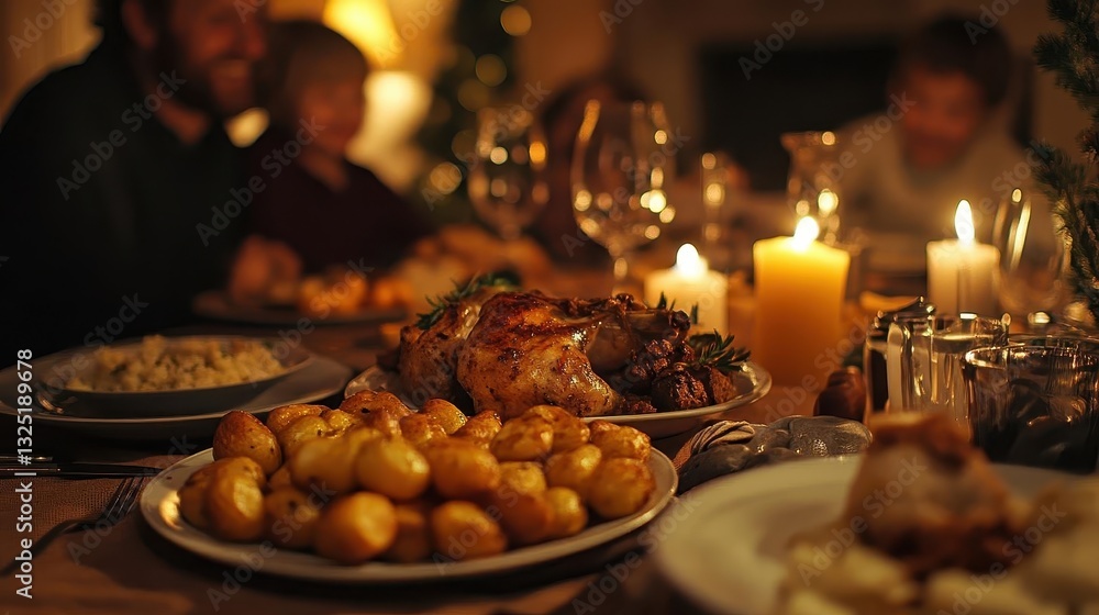 Obraz premium A family gathered around a dinner table enjoying a homemade meal, Family Dining, Warm and joyful